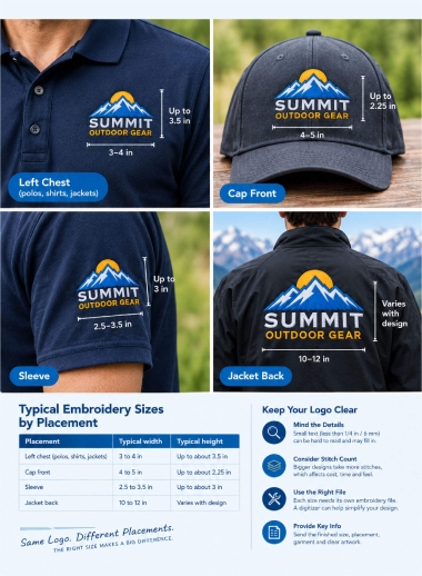 Embroidery Logo Sizes: Left Chest, Cap & Jacket Back Guide